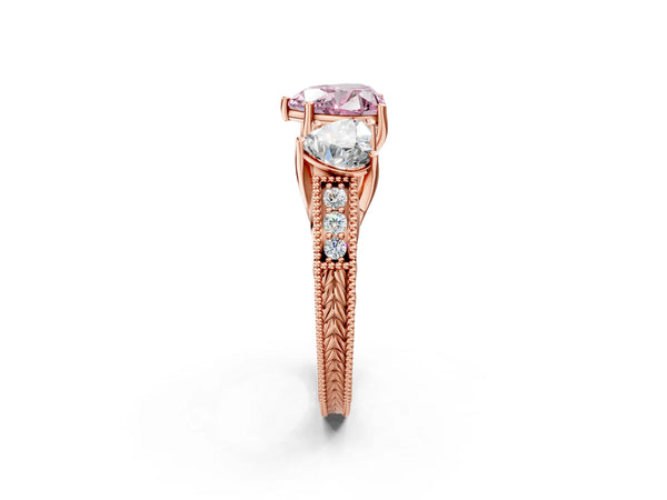 Rose gold Three-Stone Fancy Pink Heart Cut Cut Milgrain Pavé Engagement Ring