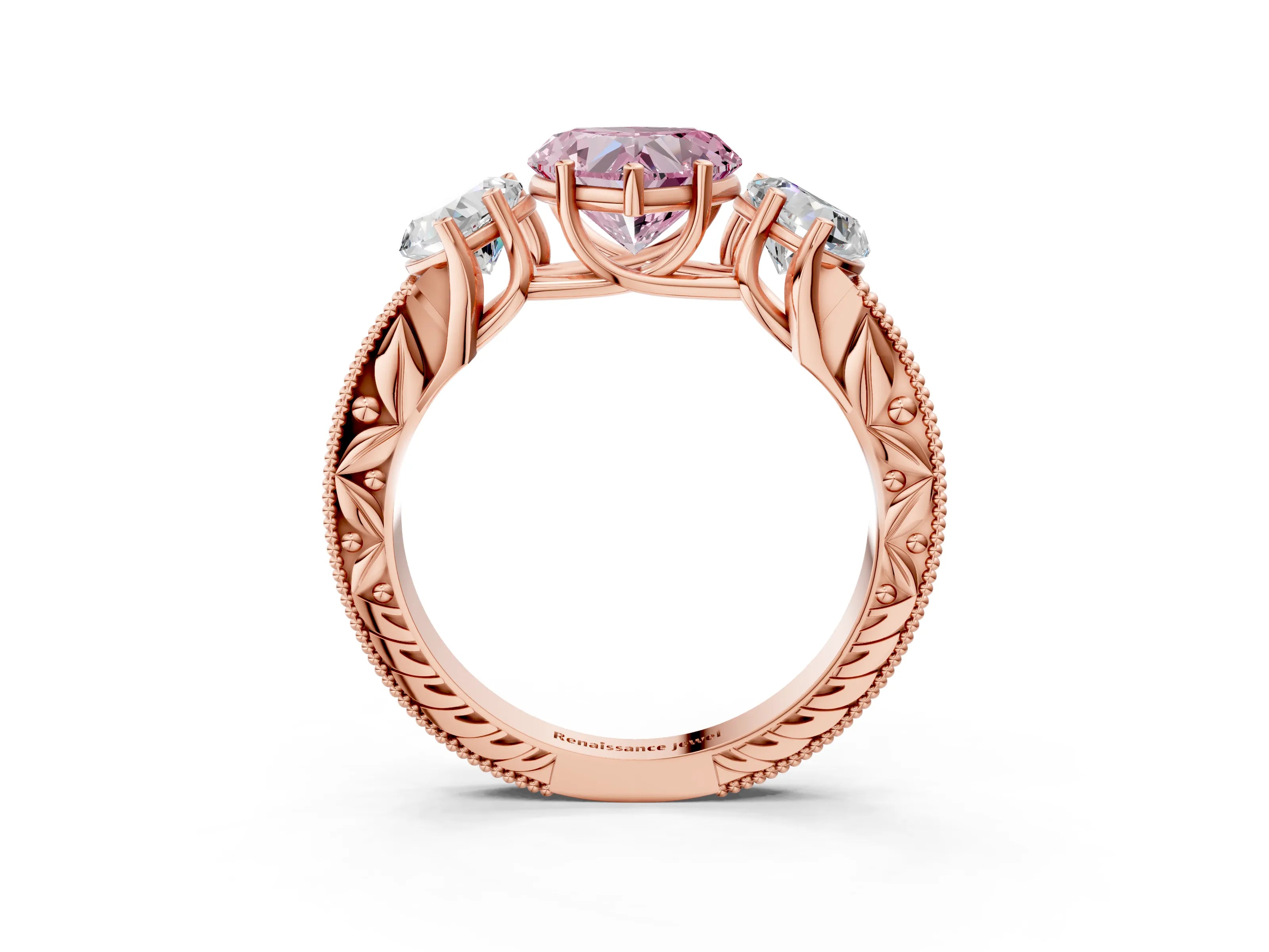 Rose gold Three-Stone Fancy Pink Heart Cut Cut Milgrain Pavé Engagement Ring_3