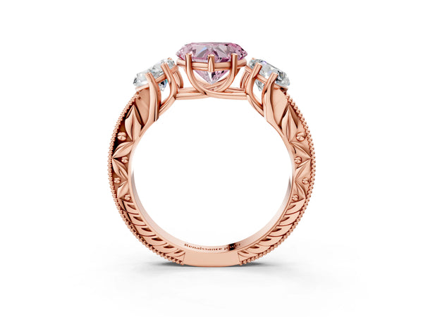 Rose gold Three-Stone Fancy Pink Heart Cut Cut Milgrain Pavé Engagement Ring