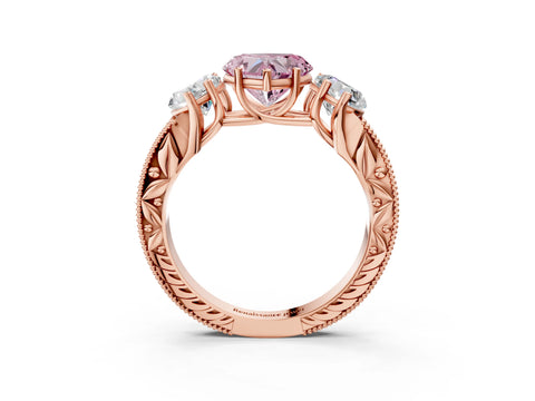 Rose gold Three-Stone Fancy Pink Heart Cut Cut Milgrain Pavé Engagement Ring_3