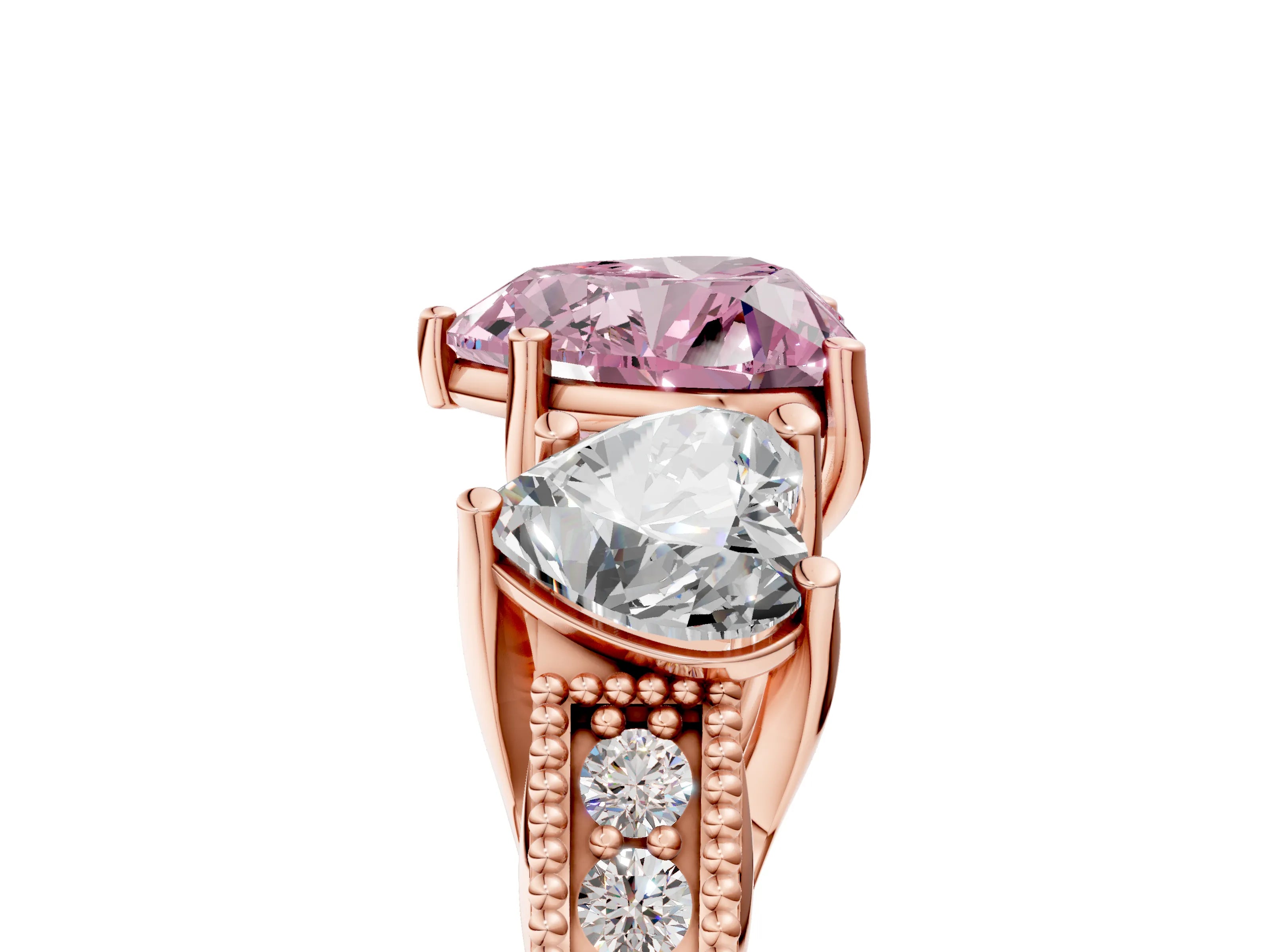 Rose gold Three-Stone Fancy Pink Heart Cut Cut Milgrain Pavé Engagement Ring_5