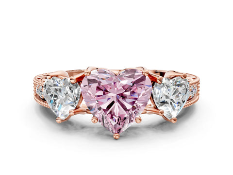 Rose gold Three-Stone Fancy Pink Heart Cut Cut Milgrain Pavé Engagement Ring