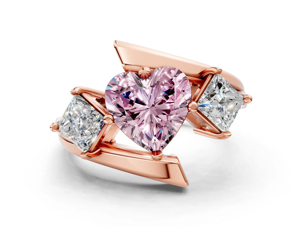 Rose gold Three-Stone Fancy Pink Heart Cut Cut Tension Band Ring with Four-Prong Setting