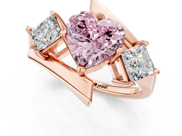 Rose gold Three-Stone Fancy Pink Heart Cut Cut Tension Band Ring with Four-Prong Setting