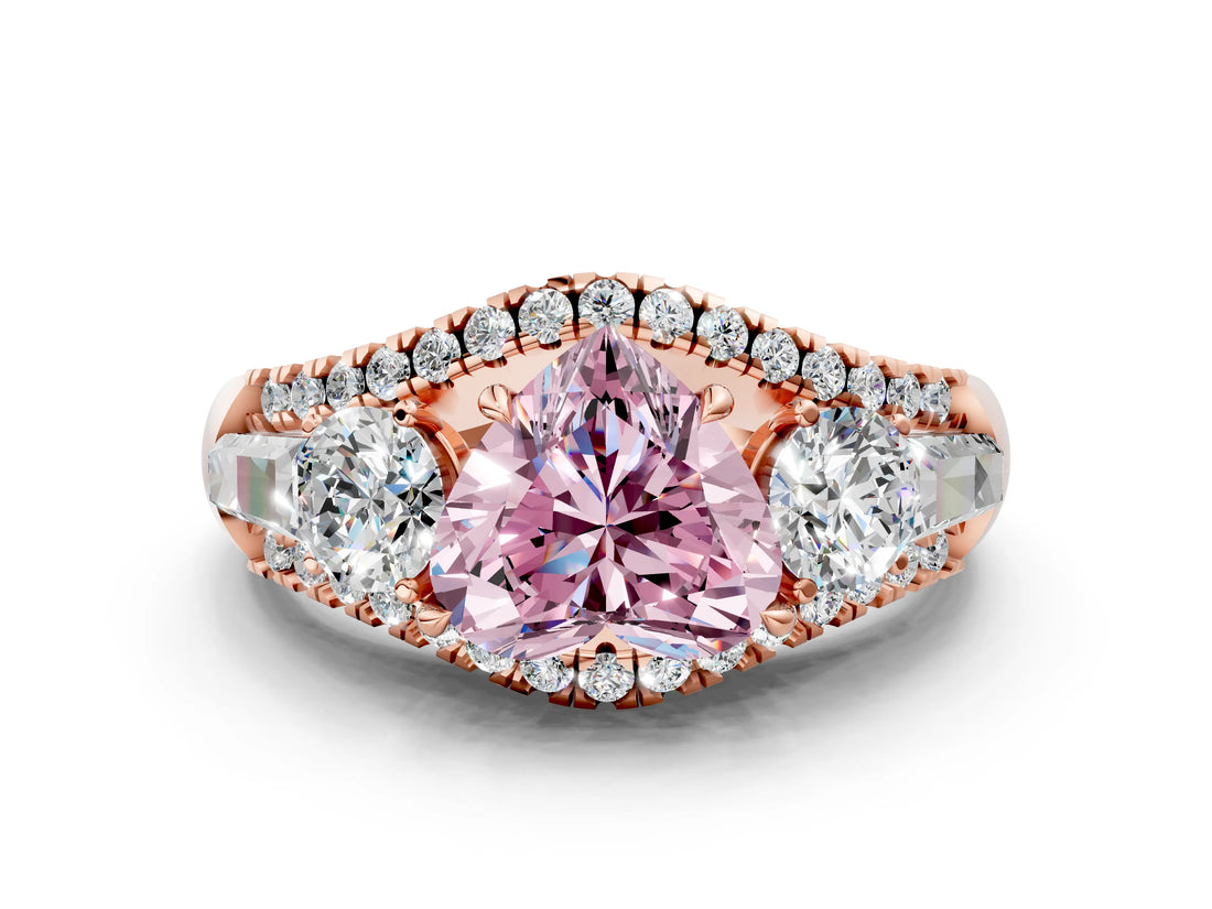 Rose gold Three-Stone Fancy Pink Heart Cut Diamond Engagement Ring with Pave Band and Prong Setting