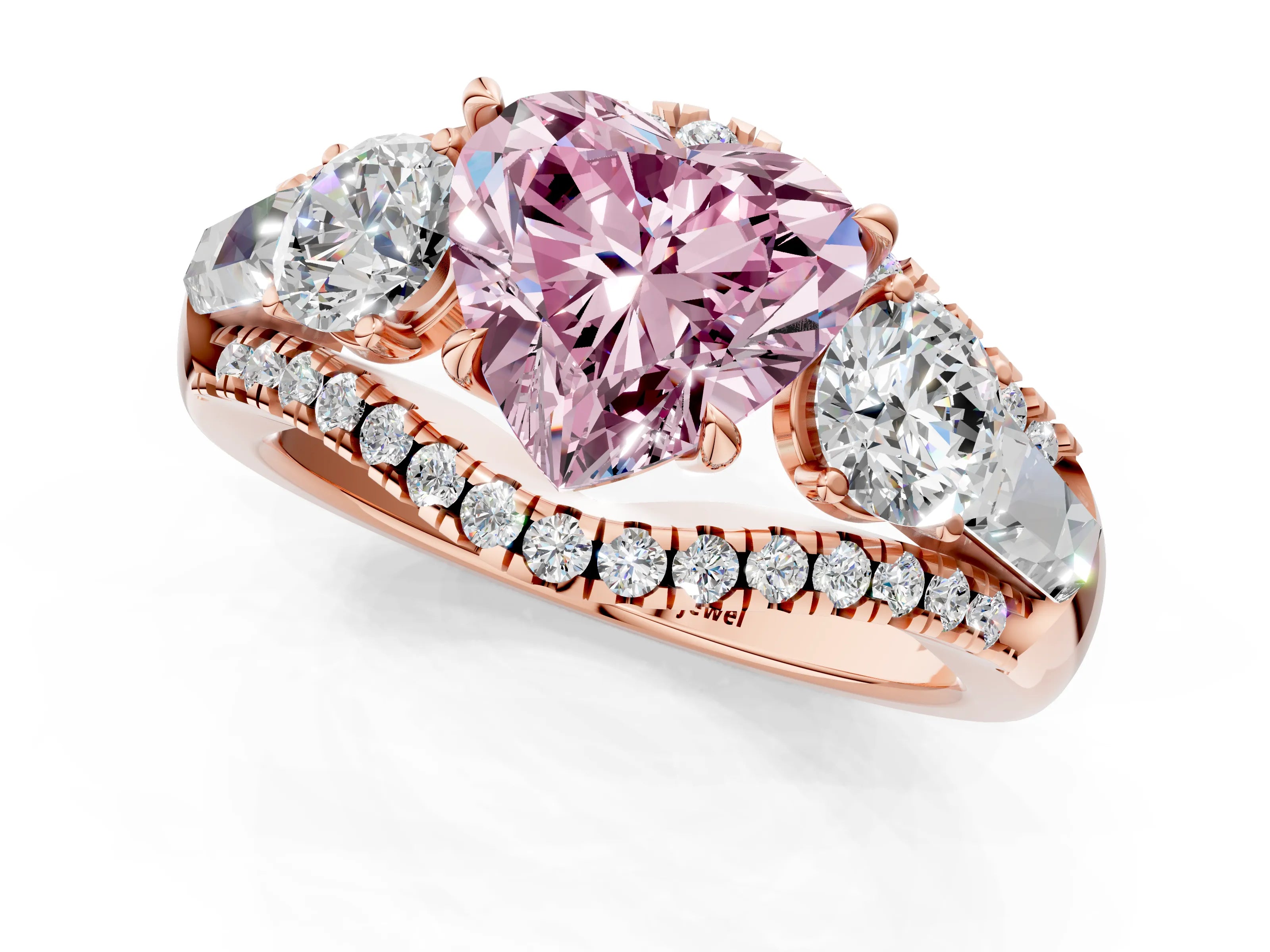 Rose gold Three-Stone Fancy Pink Heart Cut Diamond Engagement Ring with Pave Band and Prong Setting_1
