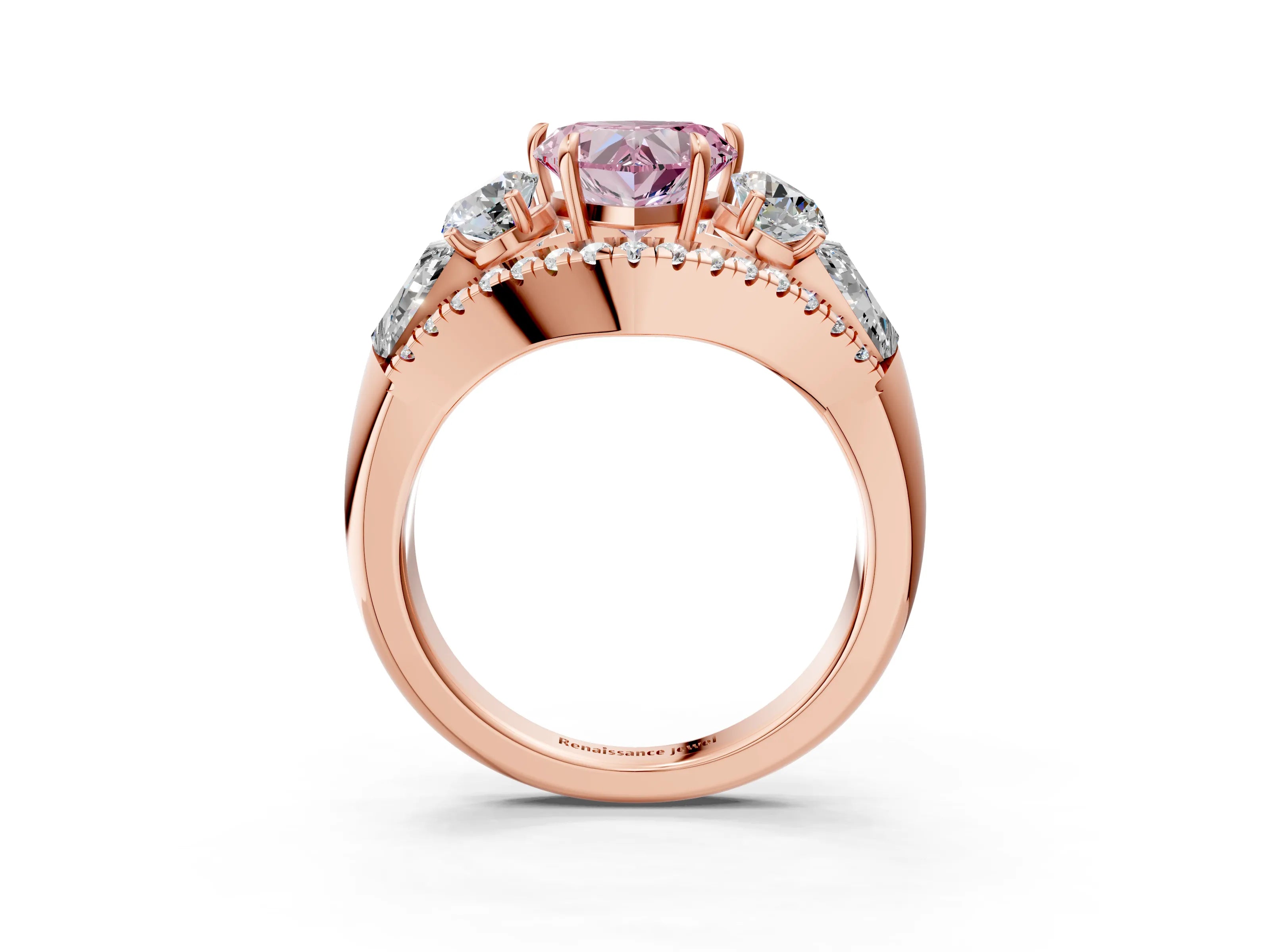 Rose gold Three-Stone Fancy Pink Heart Cut Diamond Engagement Ring with Pave Band and Prong Setting_3