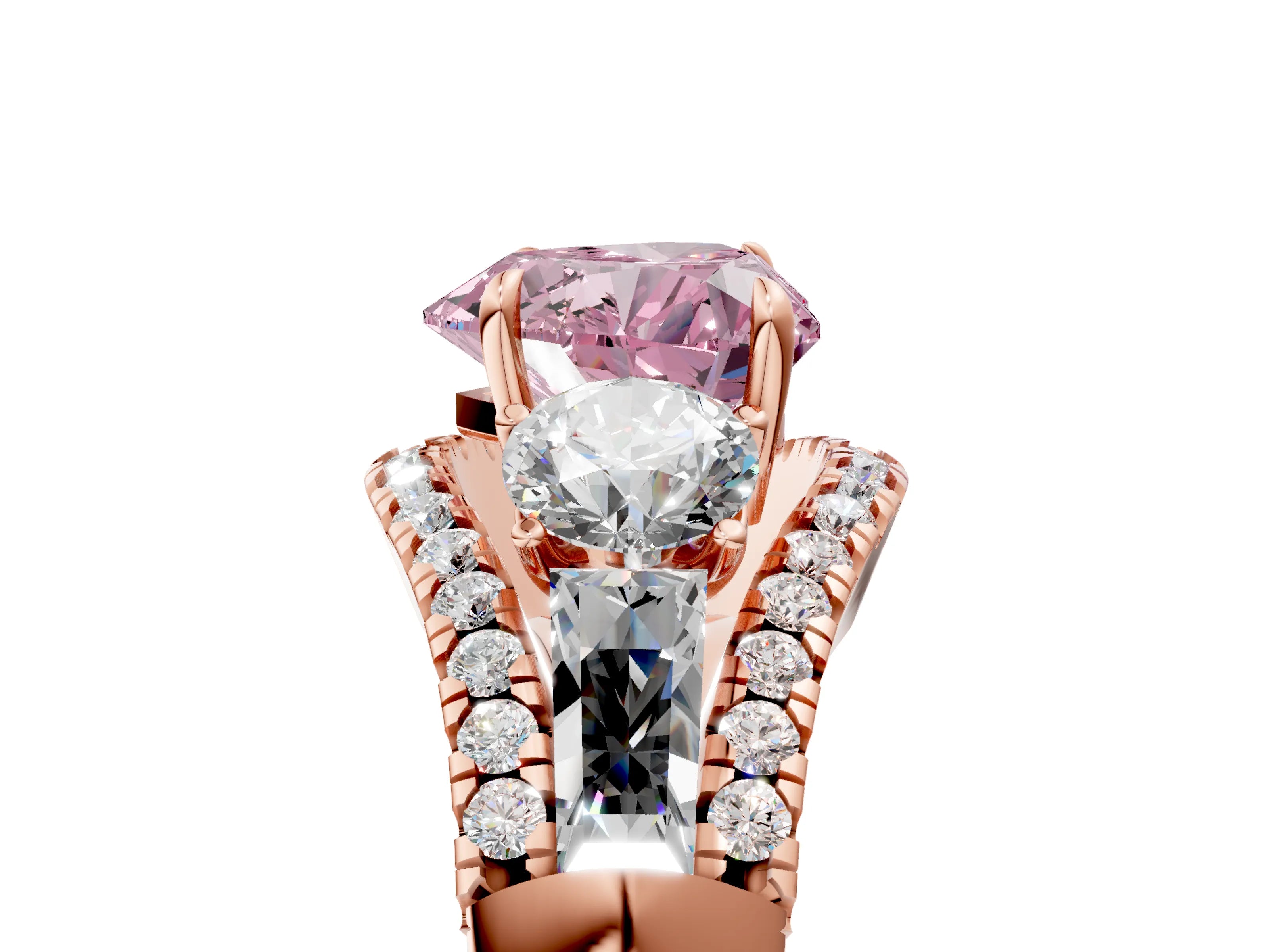 Rose gold Three-Stone Fancy Pink Heart Cut Diamond Engagement Ring with Pave Band and Prong Setting_5