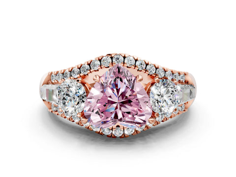 Rose gold Three-Stone Fancy Pink Heart Cut Diamond Engagement Ring with Pave Band and Prong Setting