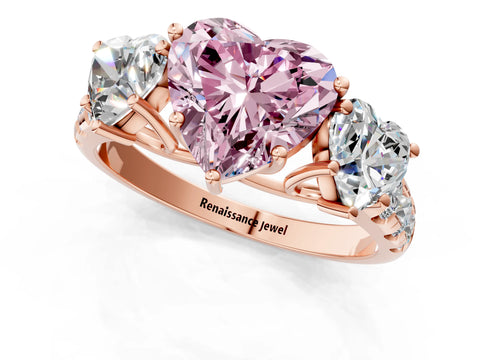 Rose gold Three-Stone Fancy Pink Heart Cut Diamond Pavé Band with Prong Setting_1