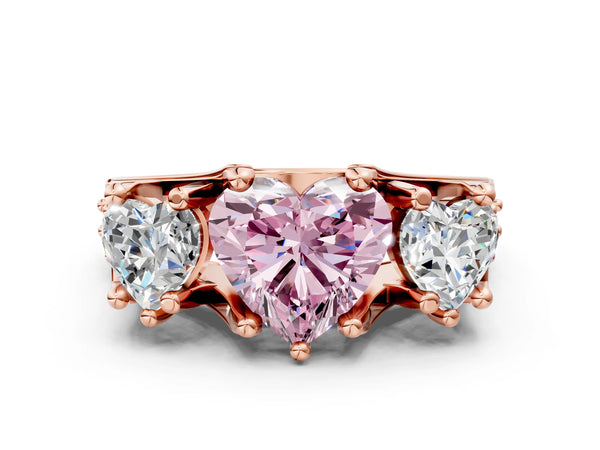 Rose gold Fancy Pink Heart Cut Diamond Three-Stone Ring with Channel Set Band and Four-Prong Setting