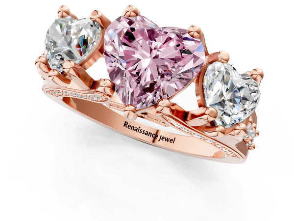 Rose gold Fancy Pink Heart Cut Diamond Three-Stone Ring with Channel Set Band and Four-Prong Setting