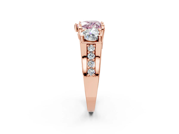 Rose gold Fancy Pink Heart Cut Diamond Three-Stone Ring with Channel Set Band and Four-Prong Setting