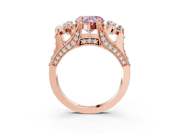 Rose gold Fancy Pink Heart Cut Diamond Three-Stone Ring with Channel Set Band and Four-Prong Setting