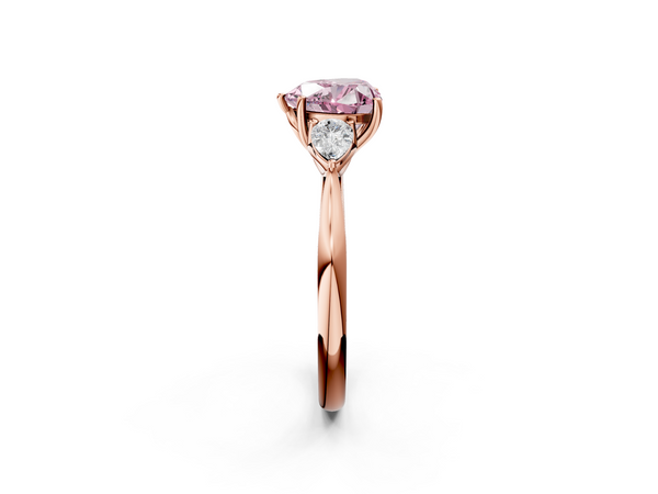 Rose gold Three-Stone Fancy Pink Heart  Cut Diamond Ring with Pear Side Stones in Four-Prong Setting