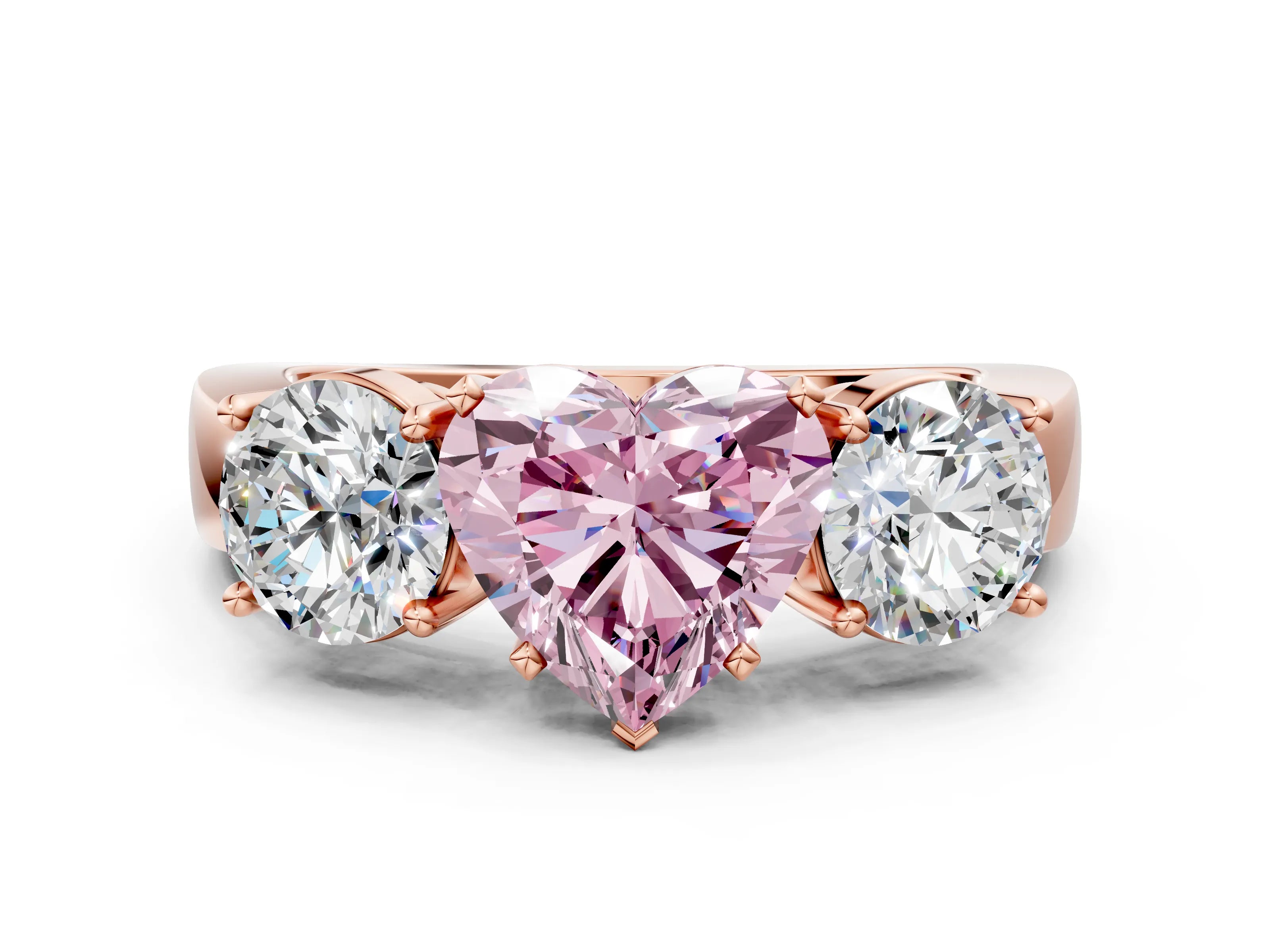 Rose gold Three-Stone Fancy Pink Heart Cut Diamond Ring with Round Side Stones, Classic Band, and Four-Prong Setting