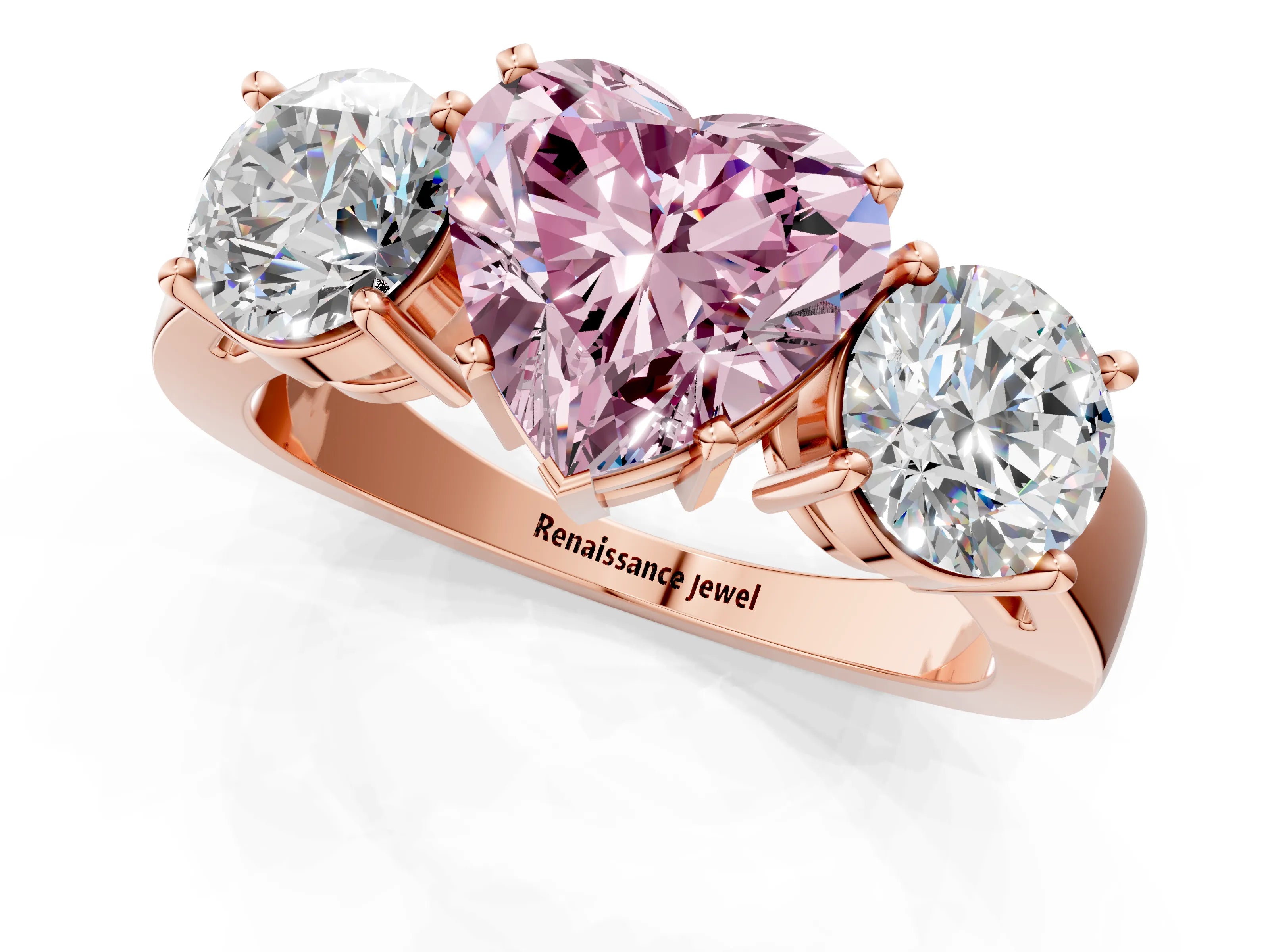 Rose gold Three-Stone Fancy Pink Heart Cut Diamond Ring with Round Side Stones, Classic Band, and Four-Prong Setting_1