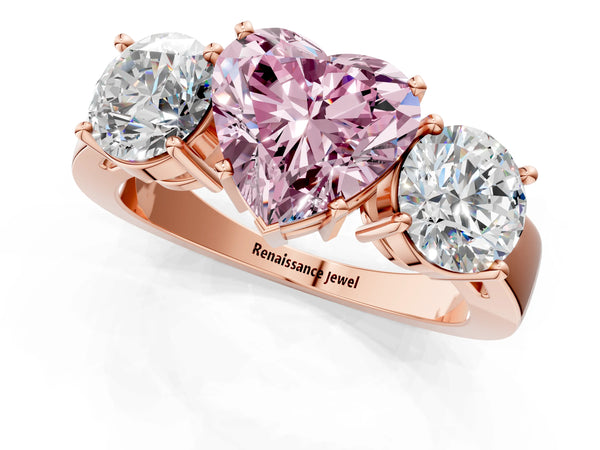 Rose gold Three-Stone Fancy Pink Heart Cut Diamond Ring with Round Side Stones, Classic Band, and Four-Prong Setting