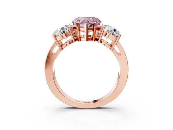 Rose gold Three-Stone Fancy Pink Heart Cut Diamond Ring with Round Side Stones, Classic Band, and Four-Prong Setting