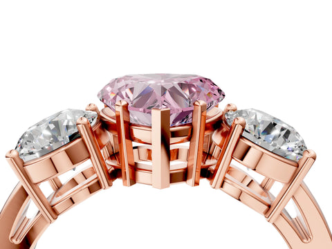 Rose gold Three-Stone Fancy Pink Heart Cut Diamond Ring with Round Side Stones, Classic Band, and Four-Prong Setting_4