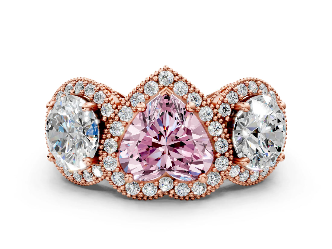 Rose gold Three-Stone Fancy Pink Heart Cut Halo Diamond Milgrain Band with Four-Prong Setting