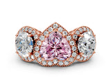 Rose gold Three-Stone Fancy Pink Heart Cut Halo Diamond Milgrain Band with Four-Prong Setting