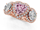 Rose gold Three-Stone Fancy Pink Heart Cut Halo Diamond Milgrain Band with Four-Prong Setting_1