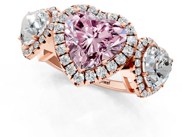 Rose gold Three-Stone Fancy Pink Heart Cut Halo Diamond Ring with Pave Band and Four-Prong Setting