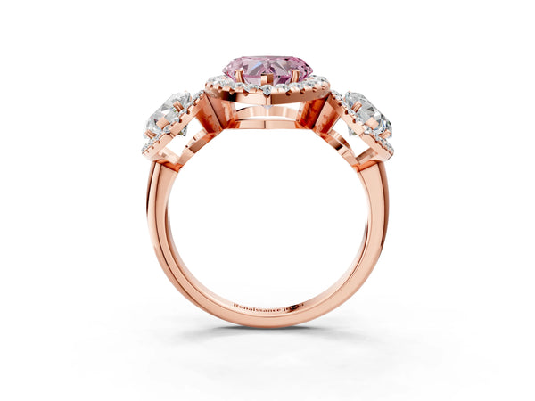Rose gold Three-Stone Fancy Pink Heart Cut Halo Diamond Ring with Pave Band and Four-Prong Setting