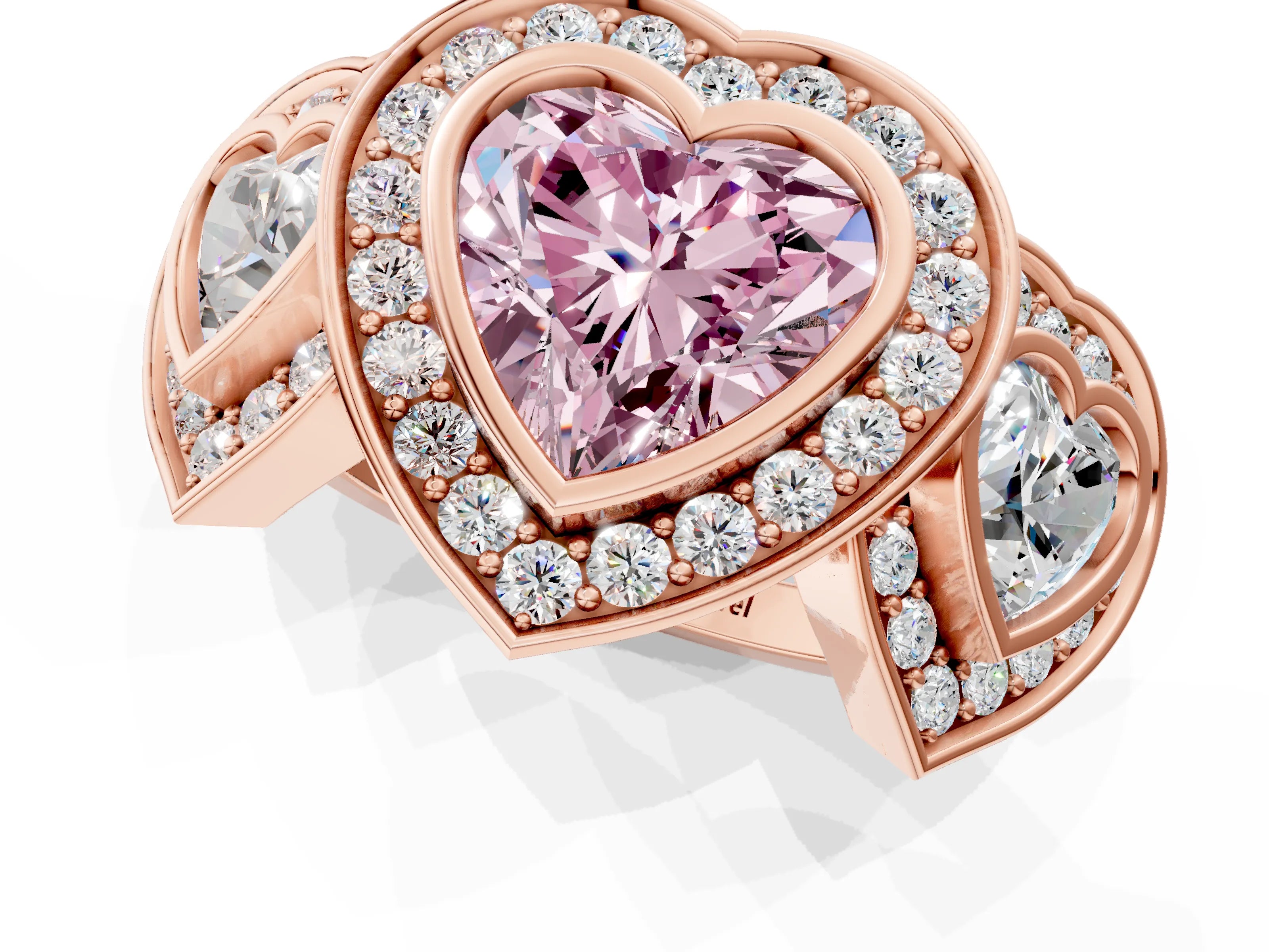 Rose gold Three-Stone Fancy Pink Heart Cut Halo Pavé Diamond Ring_1