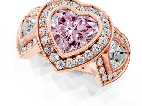 Rose gold Three-Stone Fancy Pink Heart Cut Halo Pavé Diamond Ring_1