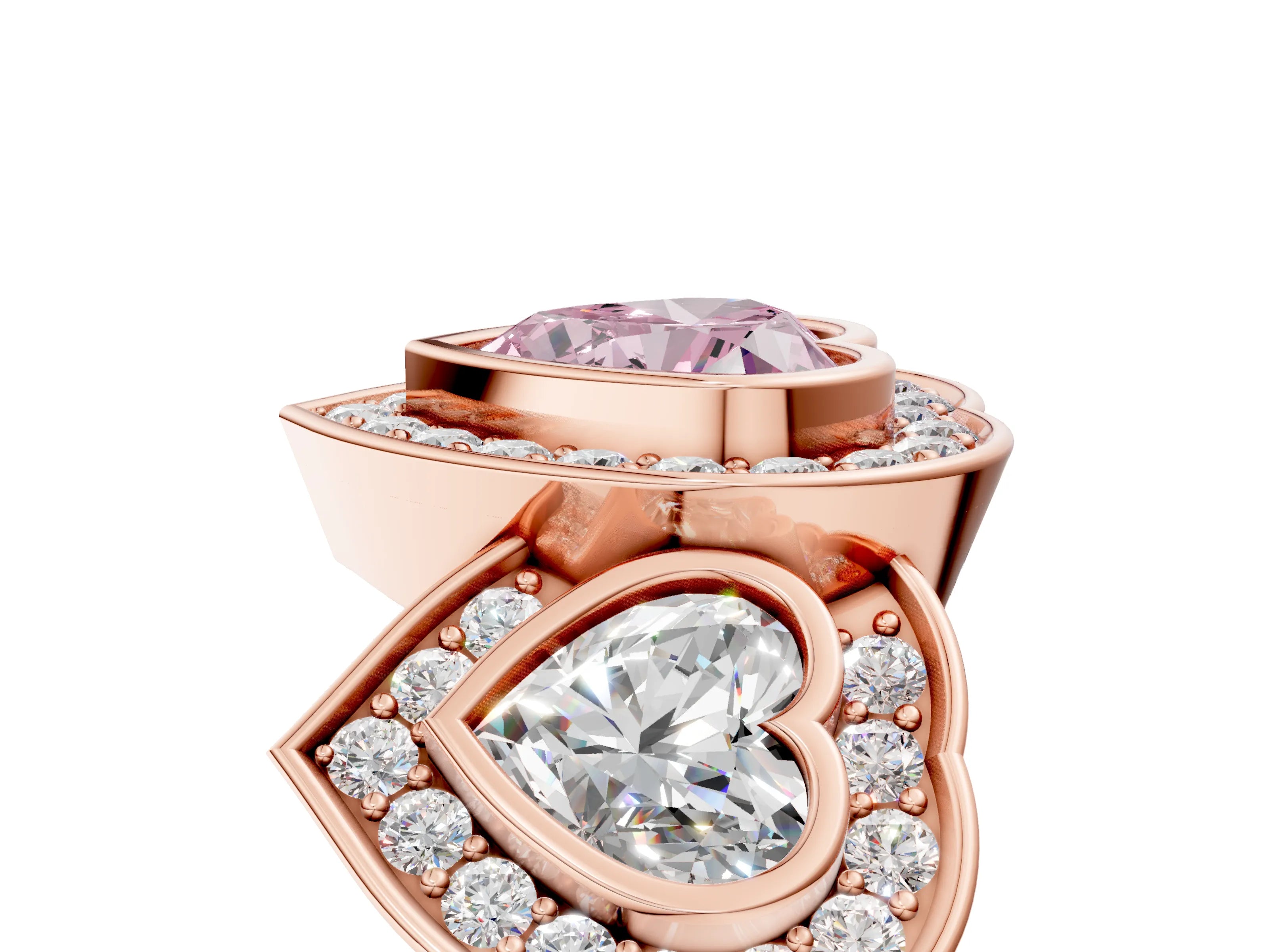 Rose gold Three-Stone Fancy Pink Heart Cut Halo Pavé Diamond Ring_5