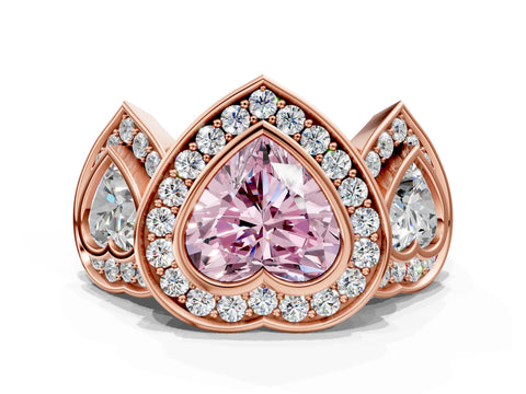 Rose gold Three-Stone Fancy Pink Heart Cut Halo Pavé Diamond Ring