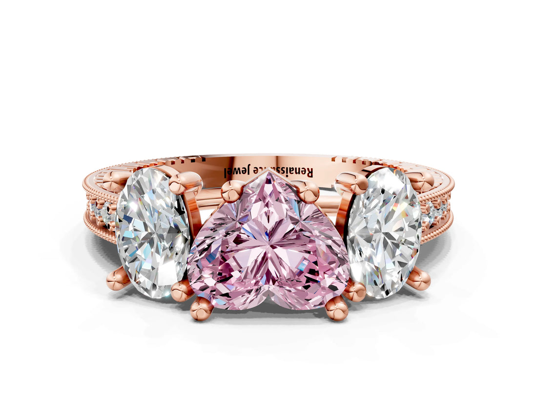 Rose gold Three-Stone Fancy Pink Heart  Diamond Milgrain Pave Band with Prong Setting