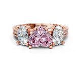 Rose gold Three-Stone Fancy Pink Heart  Diamond Milgrain Pave Band with Prong Setting