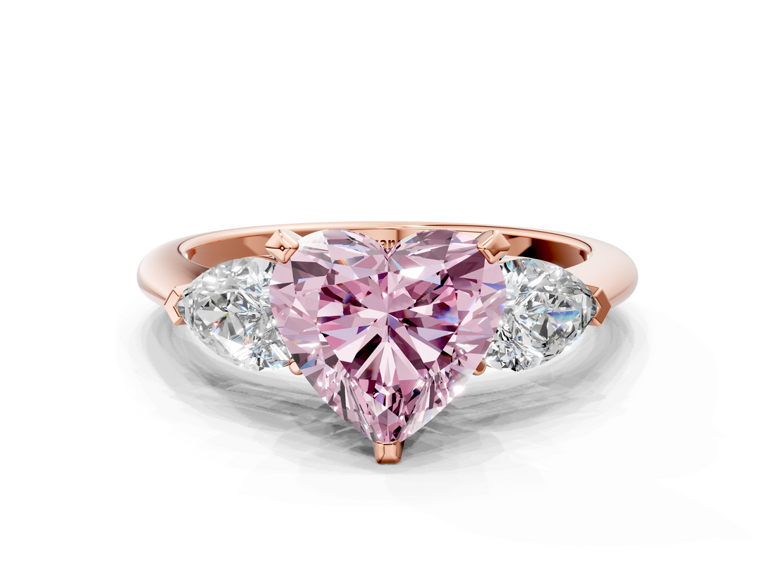 Rose gold Three-Stone Fancy Pink Heart  Diamond Ring with Pear Side Stones in Four-Prong Setting_64