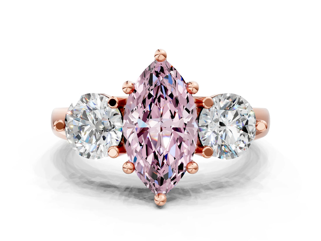 Rose gold Three-Stone Fancy Pink Marquise  Brilliant Cut Solitaire Ring with Prong Setting on a Classic Band 1