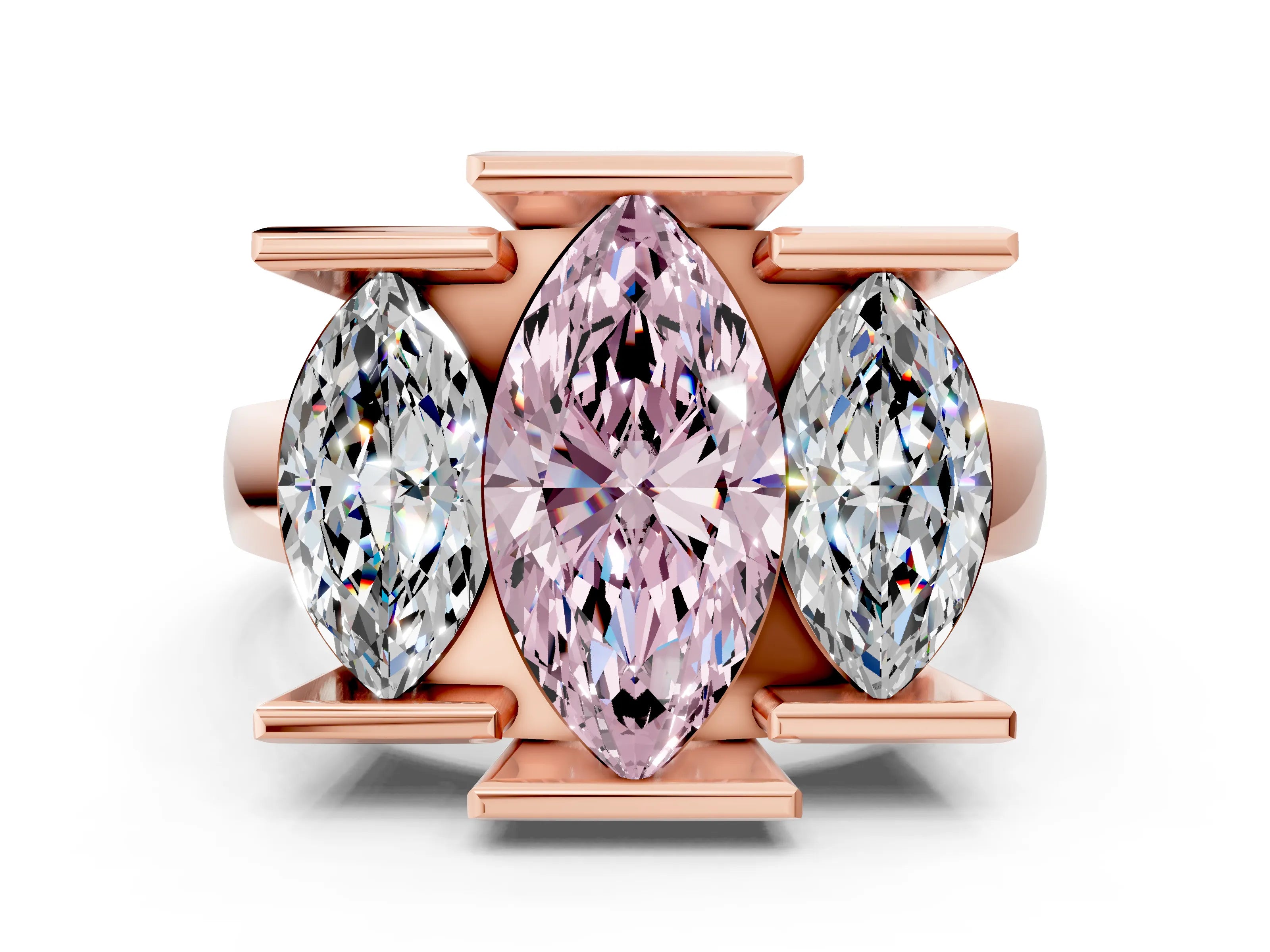 Rose gold Three Stone Fancy Pink Marquise Cut Cut Channel Set Diamond Ring