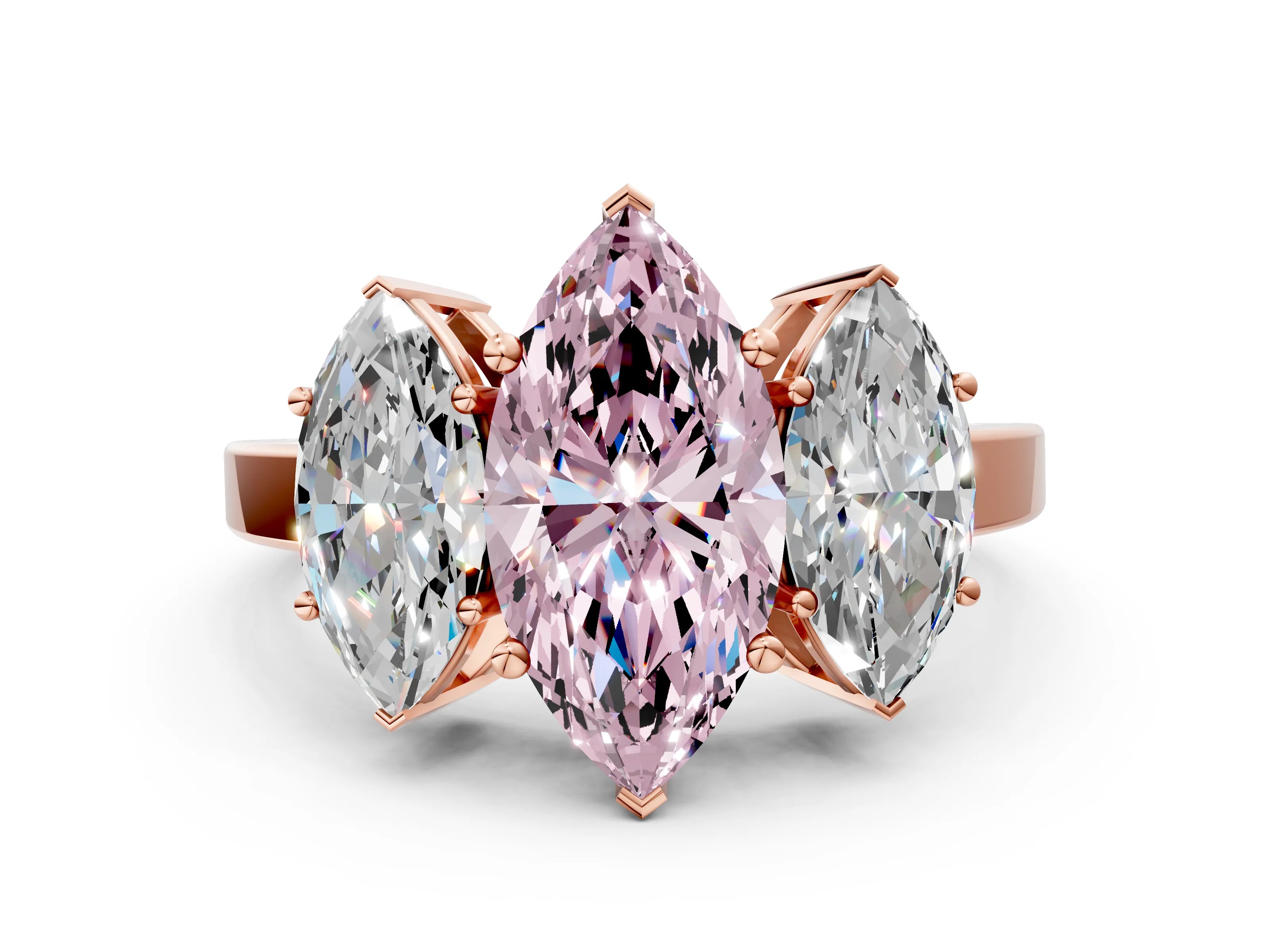 Rose gold Three-Stone Fancy Pink Marquise Cut Cut Diamond Engagement Ring with Flat Band and Four-Prong Setting