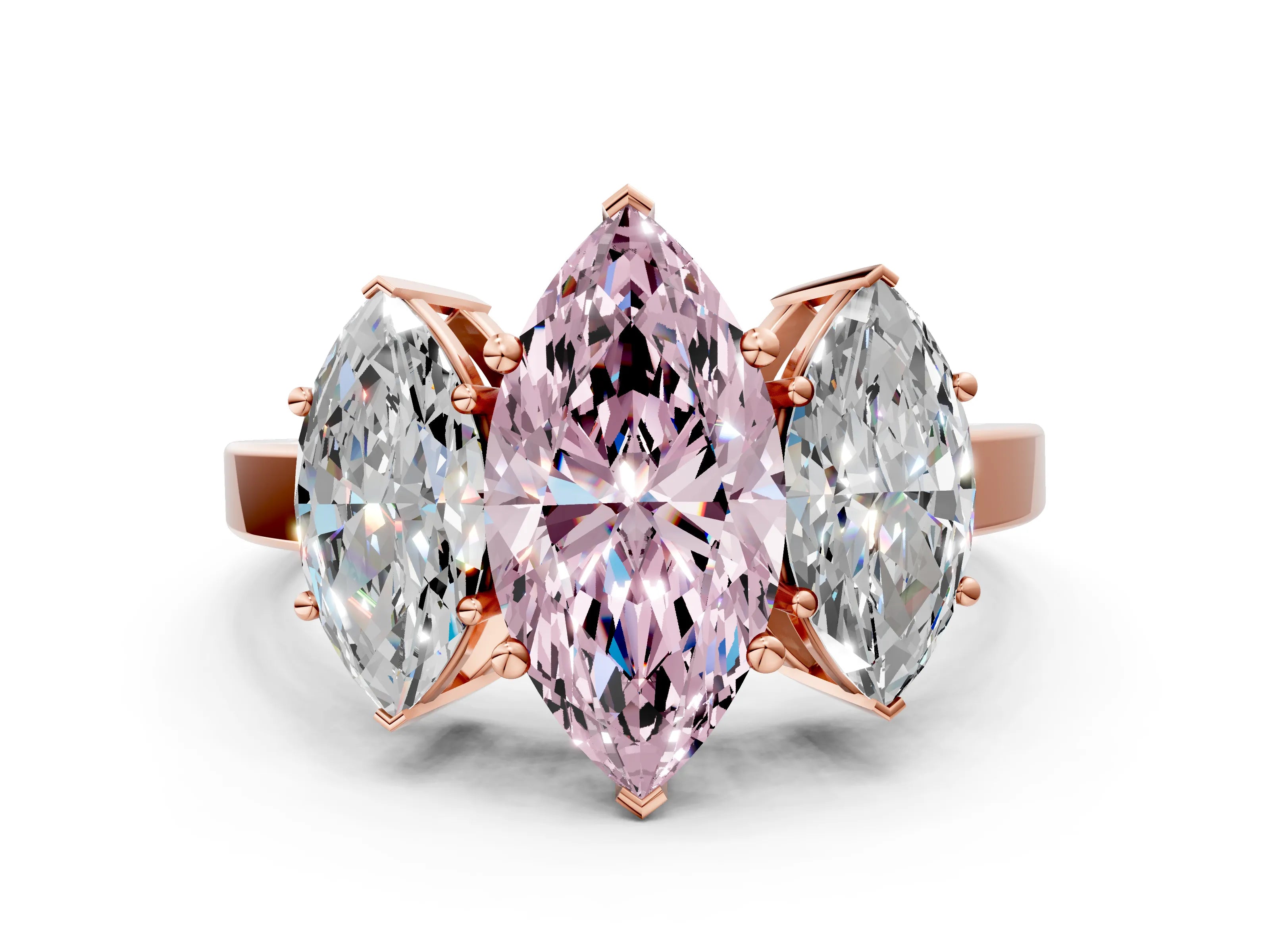 Rose gold Three-Stone Fancy Pink Marquise Cut Cut Diamond Engagement Ring with Flat Band and Four-Prong Setting_12