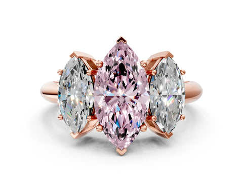 Rose gold Three-Stone Fancy Pink Marquise Cut Cut Diamond Engagement Ring with Prong Setting on a White Gold Band