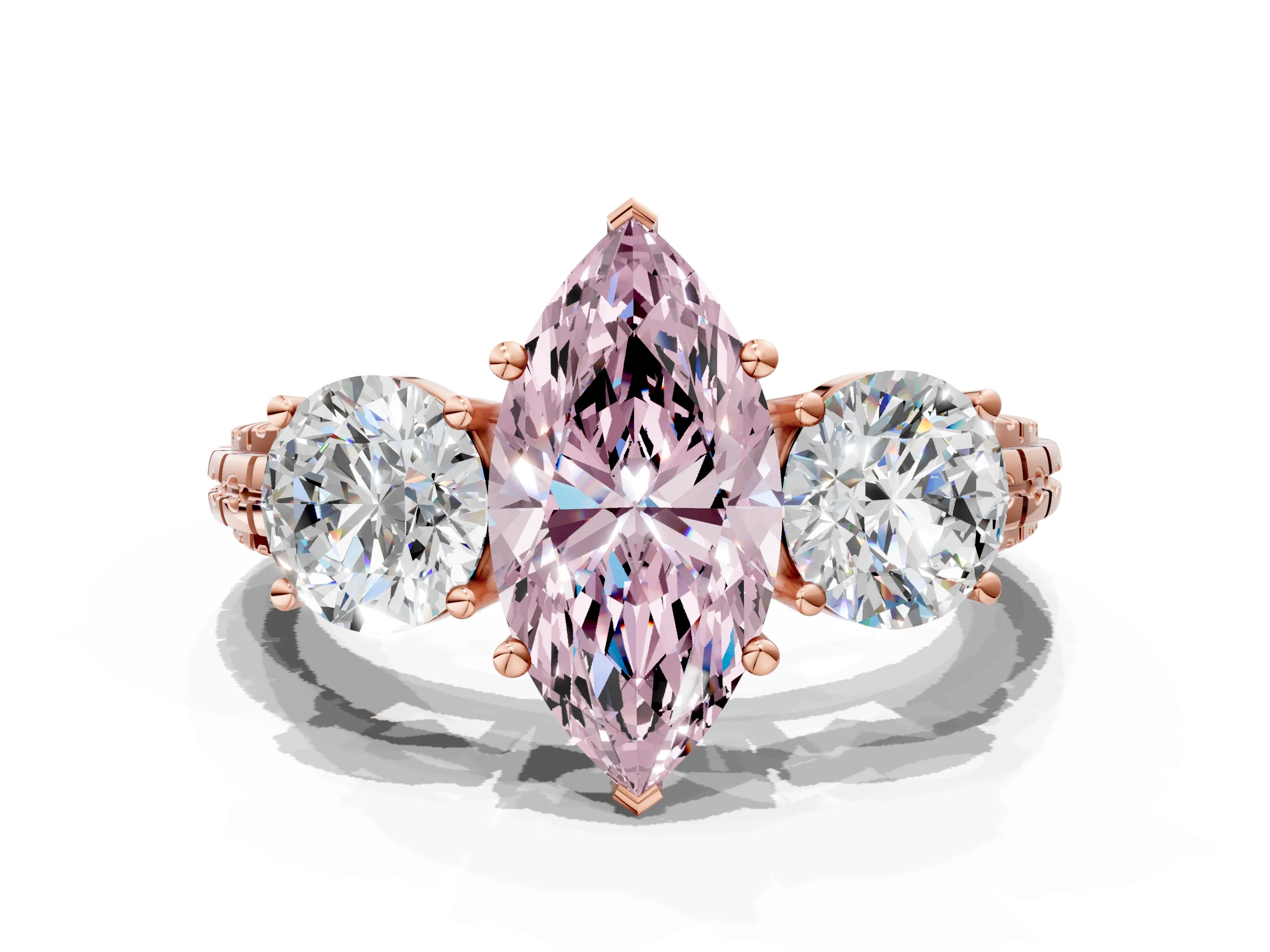 Rose gold Three-Stone Fancy Pink Marquise Cut Cut Diamond Ring with Channel-Set Band and Prong Setting