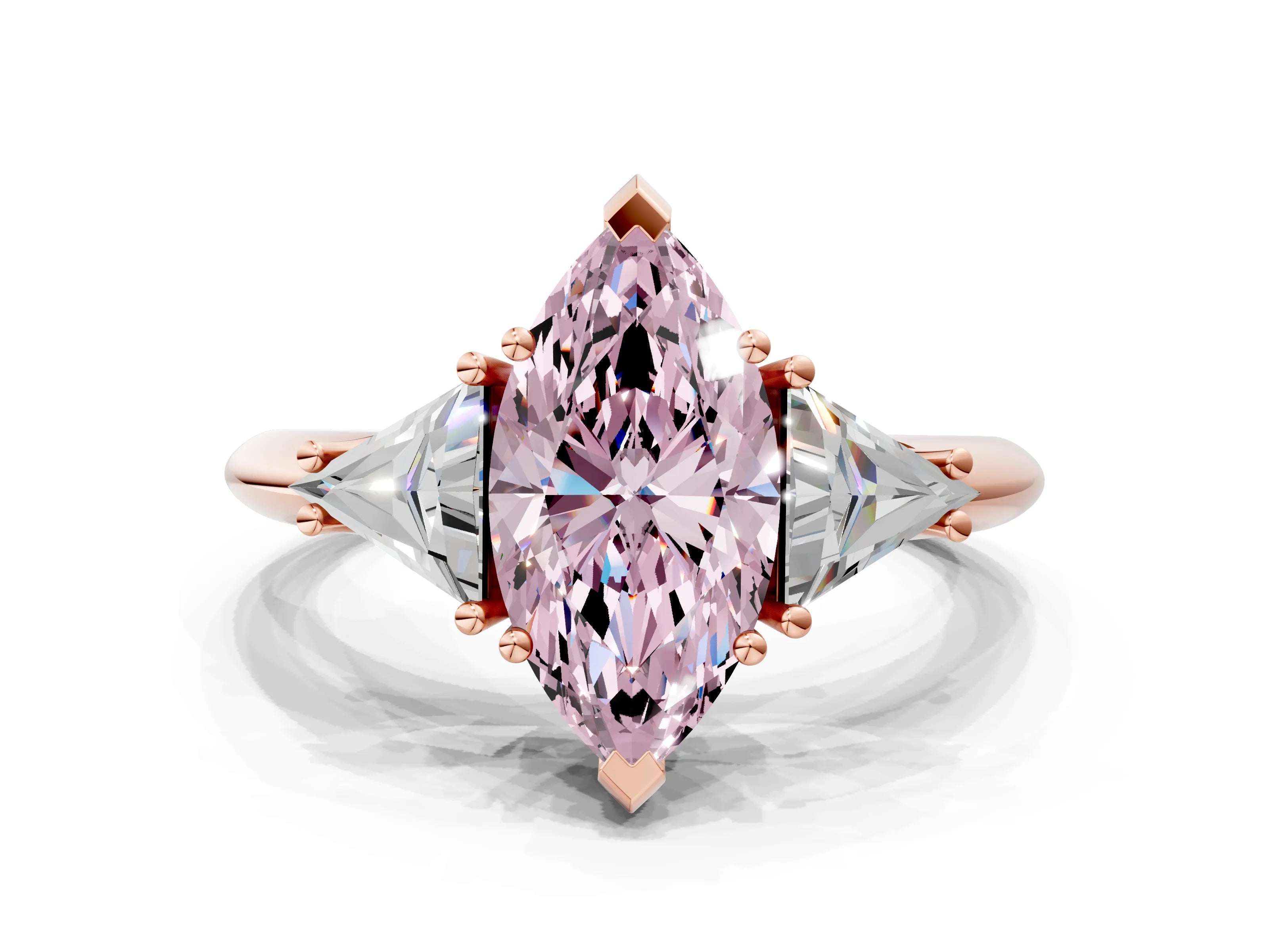 Rose gold Three-Stone Fancy Pink Marquise Cut Cut Diamond Ring with Trillion Side Stones and Four-Prong Setting_3