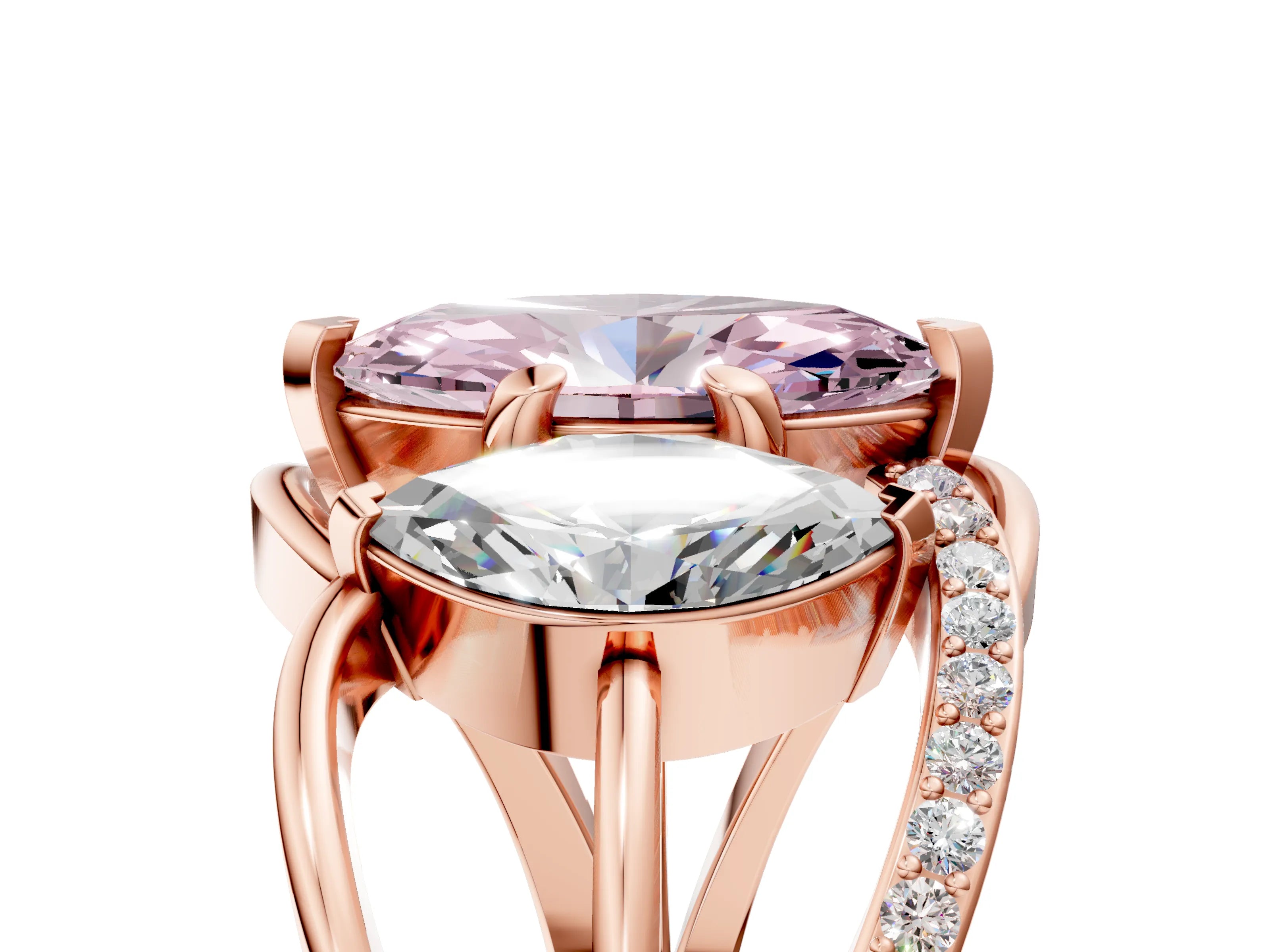 Rose gold Three-Stone Fancy Pink Marquise Cut Cut Diamond Split Shank Prong Set Ring_5