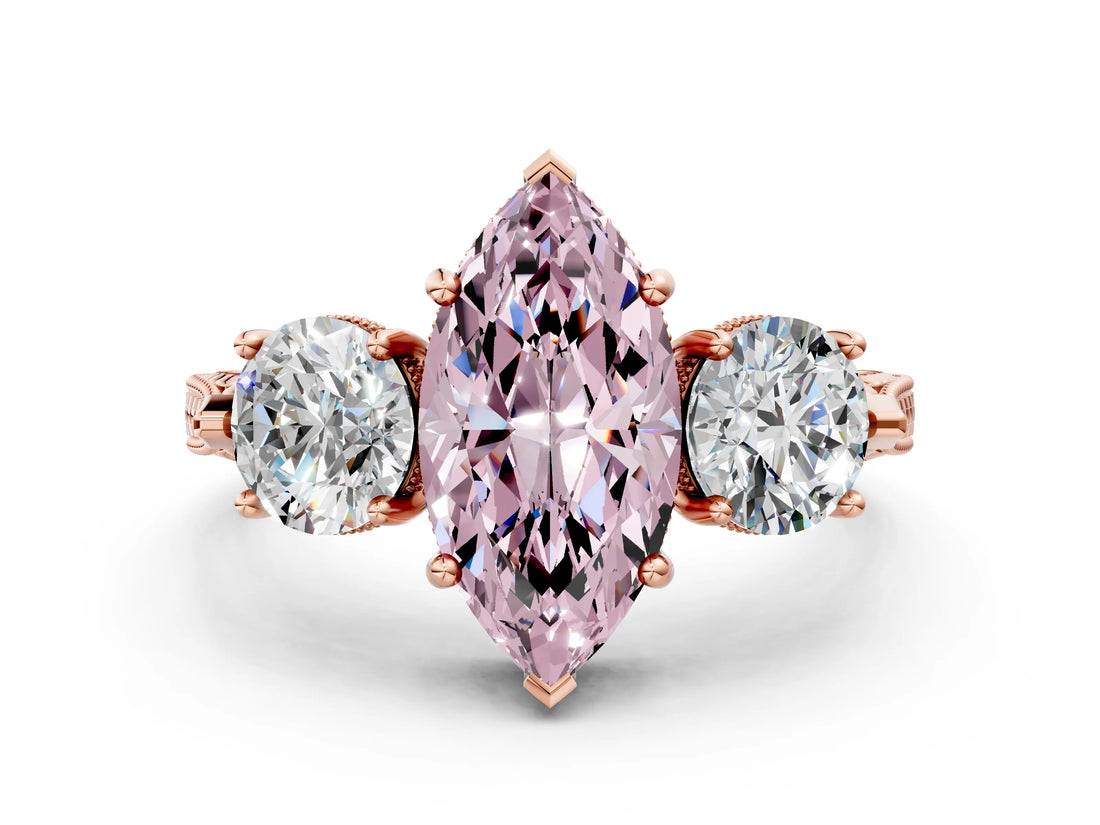Rose gold Three-Stone Fancy Pink Marquise Cut Cut Milgrain Band Prong Setting Ring