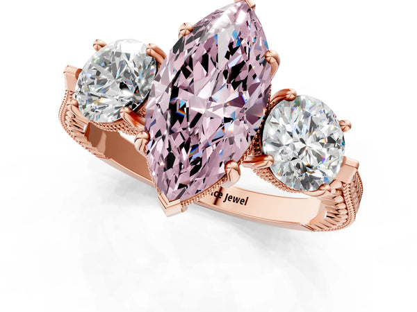 Rose Gold Marquise Vintage Three Stone Engagement Ring Setting for Fancy Pink Center