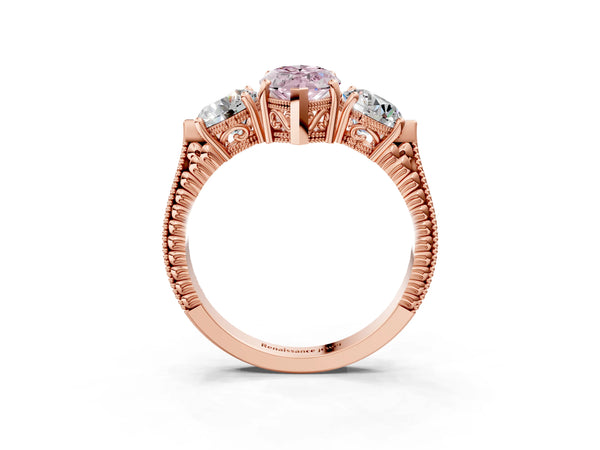 Rose Gold Marquise Vintage Three Stone Engagement Ring Setting for Fancy Pink Center