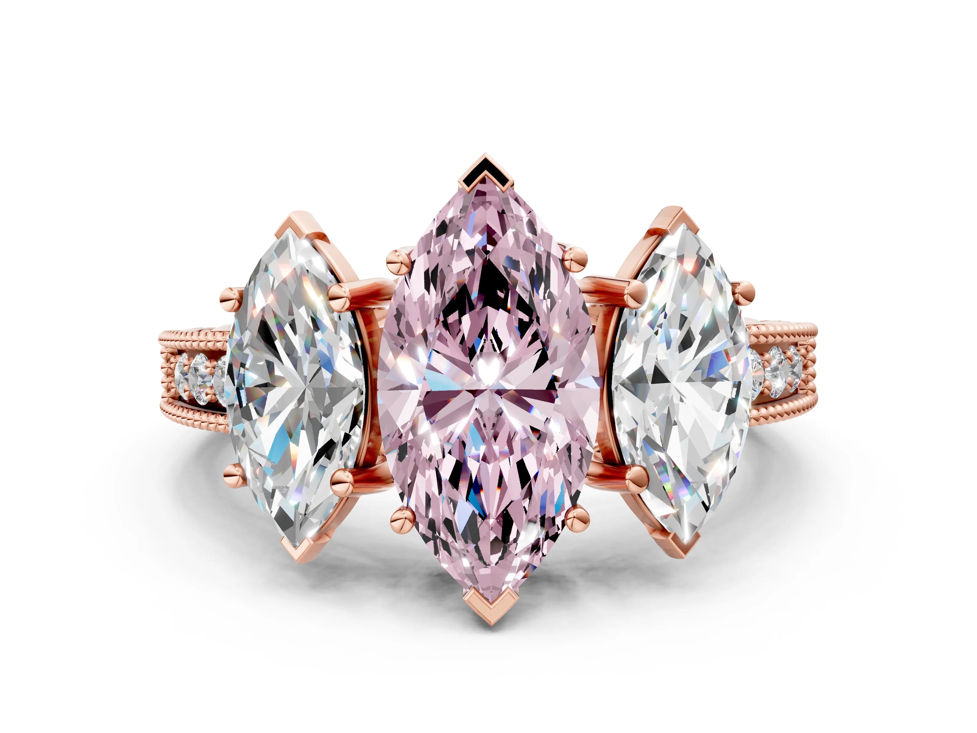 Rose gold Three-Stone Fancy Pink Marquise Cut Cut Milgrain Pavé Engagement Ring