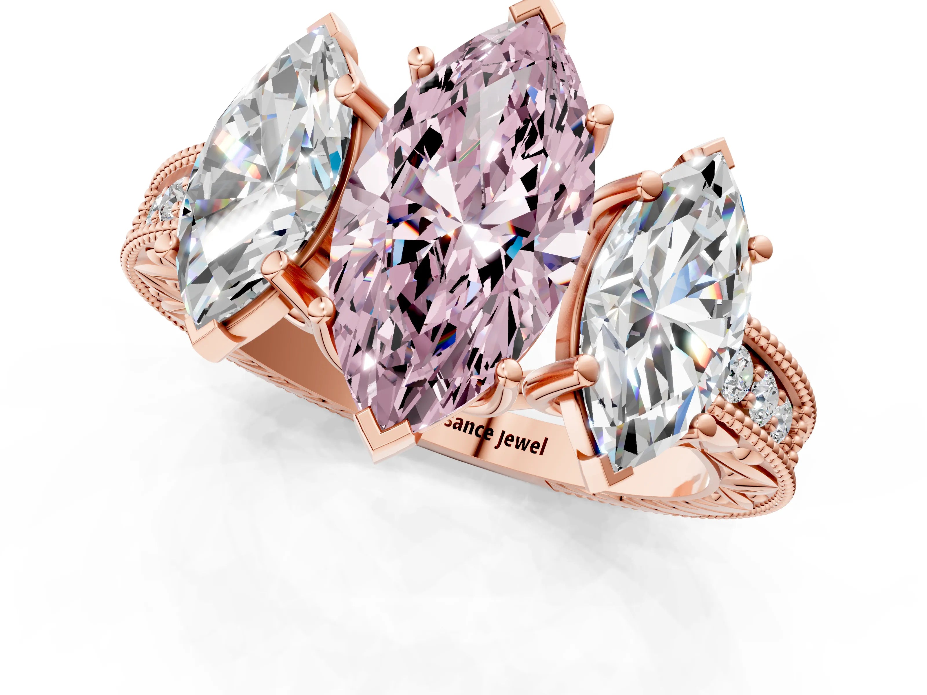Rose gold Three-Stone Fancy Pink Marquise Cut Cut Milgrain Pavé Engagement Ring_1