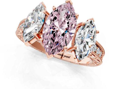 Rose gold Three-Stone Fancy Pink Marquise Cut Cut Milgrain Pavé Engagement Ring_13